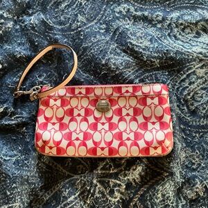Coach Peyton Pink and white Signature Wristlet Clutch